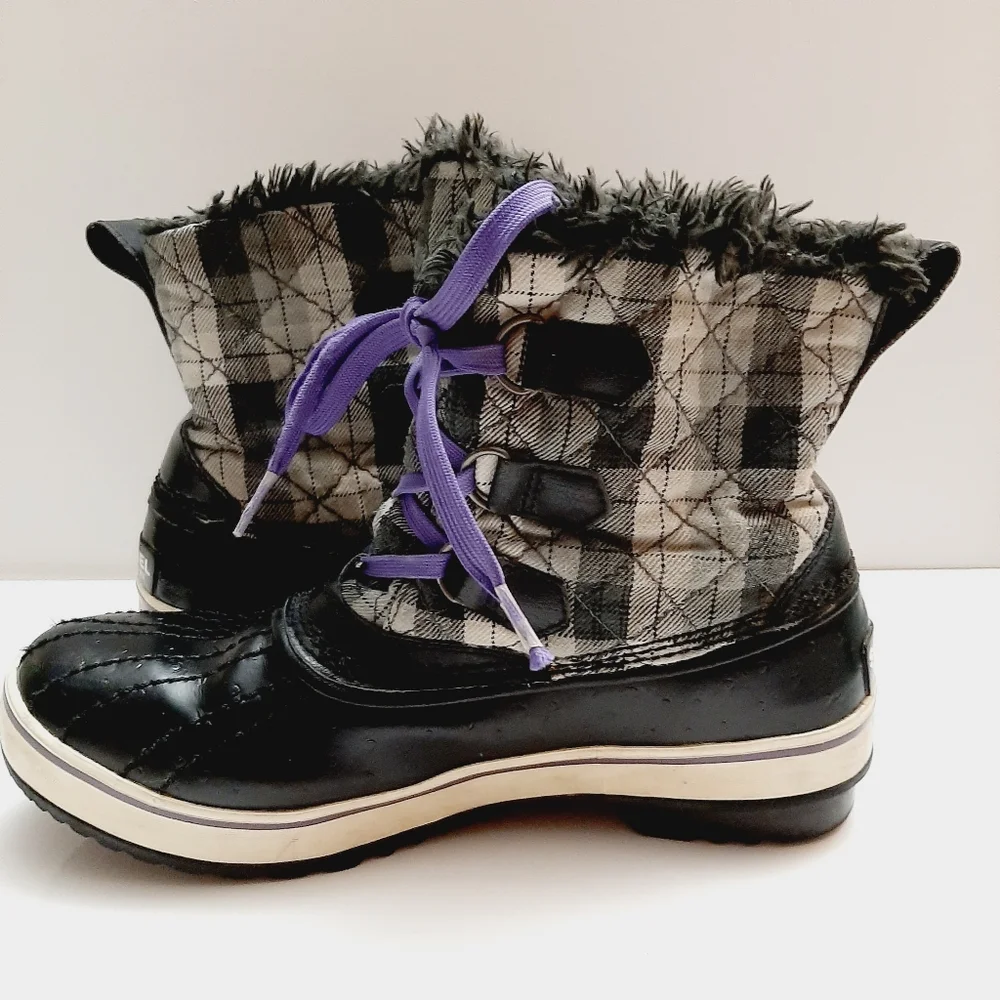 SOREL Tivoli II Plaid Short Lace-Up Snow Winter Boots Waterproof B&W Sz 8 Flawed - Picture 8 of 14